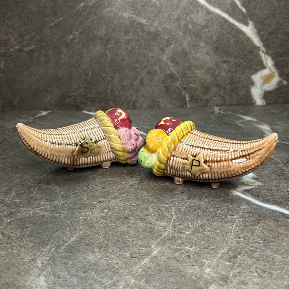 Vintage Tilso Japan Cornucopia Salt Pepper Shakers Harvest Fruit Thanksgiving